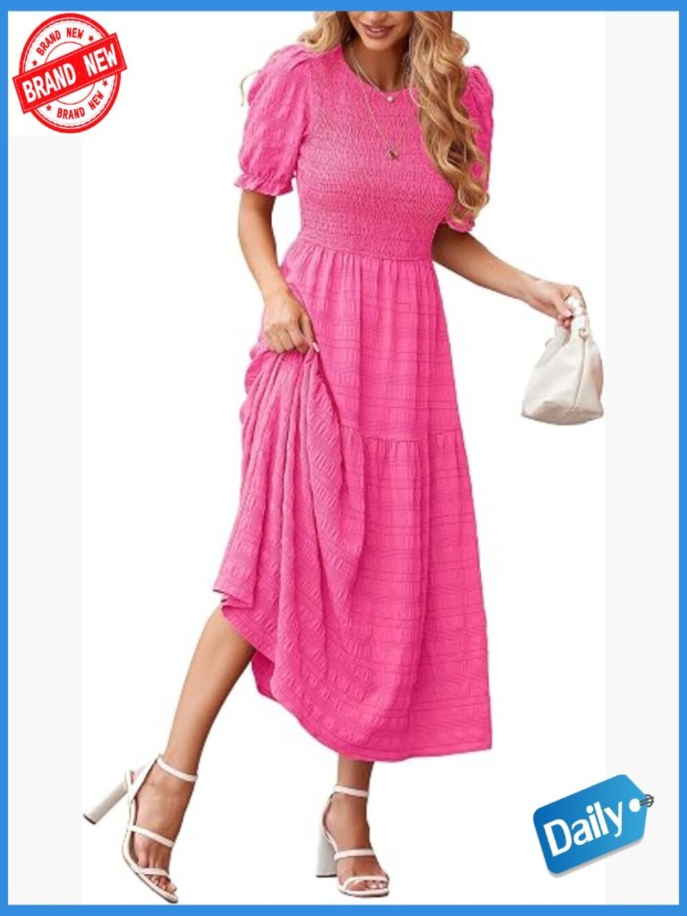 Smocked Puff Sleeve Tiered Midi Sundress Flowy Beach Maxi Dress